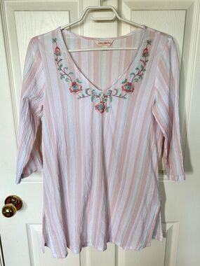 April Cornell Embroidered Floral Spring 100% Cotton Tunic Top Pink Stripe Small